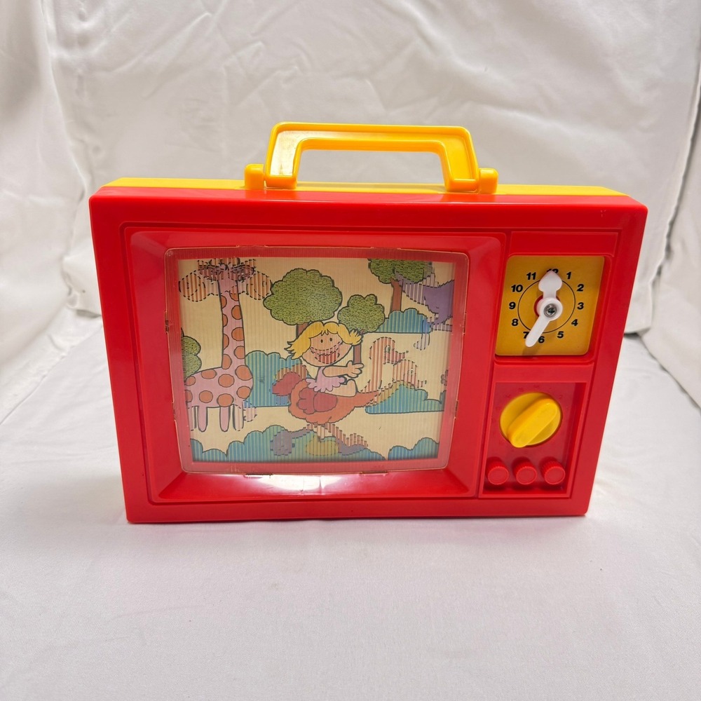 Vintage Musical Toy Wind Up Scrolling Screen Red Yellow Made in Singapore WORKS
